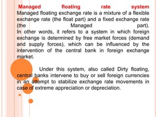 Managed floating rate system
Managed floating exchange rate is a mixture of a flexible
exchange rate (the float part) and a fixed exchange rate
(the Managed part).
In other words, it refers to a system in which foreign
exchange is determined by free market forces (demand
and supply forces), which can be influenced by the
intervention of the central bank in foreign exchange
market.
Under this system, also called Dirty floating,
central banks intervene to buy or sell foreign currencies
in an attempt to stabilize exchange rate movements in
case of extreme appreciation or depreciation.
 