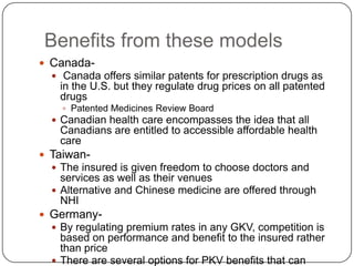  Benefits from these modelsCanada-  Canada offers similar patents for prescription drugs as in the U.S. but they regulate drug prices on all patented drugs 	Patented Medicines Review BoardCanadian health care encompasses the idea that all Canadians are entitled to accessible affordable health careTaiwan-The insured is given freedom to choose doctors and services as well as their venuesAlternative and Chinese medicine are offered through NHIGermany-By regulating premium rates in any GKV, competition is based on performance and benefit to the insured rather than priceThere are several options for PKV benefits that can supplement GKV