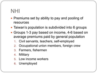 NHIPremiums set by ability to pay and pooling of resourcesTaiwan’s population is subdivided into 6 groups Groups 1-3 pay based on income, 4-6 based on average premiums paid by general populationCivil servants, teachers, self-employedOccupational union members, foreign crewFarmers, fishermenMilitaryLow income workersUnemployed
