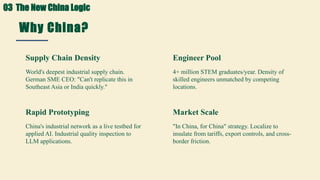Why China?
Supply Chain / Engineers / Prototype / Scale
Supply Chain Density
World's deepest industrial supply chain.
German SME CEO: "Can't replicate this in
Southeast Asia or India quickly."
Engineer Pool
4+ million STEM graduates/year. Density of
skilled engineers unmatched by competing
locations.
Rapid Prototyping
China's industrial network as a live testbed for
applied AI. Industrial quality inspection to
LLM applications.
Market Scale
"In China, for China" strategy. Localize to
insulate from tariffs, export controls, and cross-
border friction.
03 The New China Logic
 