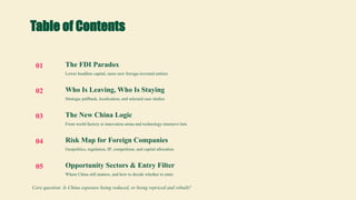 Table of Contents
01 The FDI Paradox
Lower headline capital, more new foreign-invested entities
02 Who Is Leaving, Who Is Staying
Strategic pullback, localization, and selected case studies
03 The New China Logic
From world factory to innovation arena and technology-intensive bets
04 Risk Map for Foreign Companies
Geopolitics, regulation, IP, competition, and capital allocation
05 Opportunity Sectors & Entry Filter
Where China still matters, and how to decide whether to enter
Core question: Is China exposure being reduced, or being repriced and rebuilt?
 