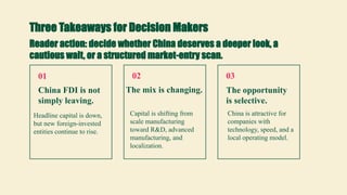 Three Takeaways for Decision Makers
01
China FDI is not
simply leaving.
Headline capital is down,
but new foreign-invested
entities continue to rise.
02
The mix is changing.
Capital is shifting from
scale manufacturing
toward R&D, advanced
manufacturing, and
localization.
03
The opportunity
is selective.
China is attractive for
companies with
technology, speed, and a
local operating model.
Reader action: decide whether China deserves a deeper look, a
cautious wait, or a structured market-entry scan.
 