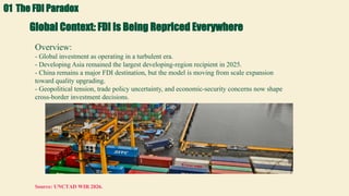 Global Context: FDI Is Being Repriced Everywhere
Overview:
- Global investment as operating in a turbulent era.
- Developing Asia remained the largest developing-region recipient in 2025.
- China remains a major FDI destination, but the model is moving from scale expansion
toward quality upgrading.
- Geopolitical tension, trade policy uncertainty, and economic-security concerns now shape
cross-border investment decisions.
Source: UNCTAD WIR 2026.
01 The FDI Paradox
 