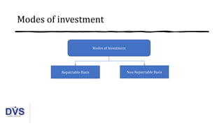 Modes of investment
Modes of Investment
Repatriable Basis Non Repatriable Basis
 