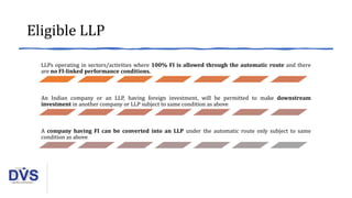 Eligible LLP
LLPs operating in sectors/activities where 100% FI is allowed through the automatic route and there
are no FI-linked performance conditions.
An Indian company or an LLP, having foreign investment, will be permitted to make downstream
investment in another company or LLP subject to same condition as above
A company having FI can be converted into an LLP under the automatic route only subject to same
condition as above
 