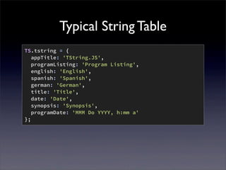Typical String Table
TS.tstring = {
appTitle: 'TString.JS',
programListing: 'Program Listing',
english: 'English',
spanish...