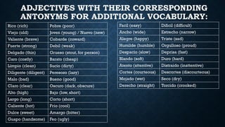 ADJECTIVES WITH THEIR CORRESPONDING
ANTONYMS FOR ADDITIONAL VOCABULARY:
Rico (rich) Pobre (poor)
Viejo (old) Joven (young) / Nuevo (new)
Valiente (brave) Cobarde (coward)
Fuerte (strong) Debil (weak)
Delgado (thin) Grueso (stout, for person)
Caro (costly) Barato (cheap)
Limpio (clean) Sucio (dirty)
Diligente (diligent) Peresozo (lazy)
Malo (bad) Bueno (good)
Claro (clear) Oscuro (dark, obscure)
Alto (high) Bajo (low, short)
Largo (long) Corto (short)
Caliente (hot) Frio (cool)
Dulce (sweet) Amargo (bitter)
Guapo (handsome) Feo (ugly)
Facil (easy) Dificil (difficult)
Ancho (wide) Estrecho (narrow)
Alegre (happy) Triste (sad)
Humilde (humble) Orgulloso (proud)
Despacio (slow) Deprisa (fast)
Blando (soft) Duro (hard)
Atento (attentive) Distraido (inattentive)
Cortes (courteous) Descortes (discourteous)
Mojado (wet) Seco (dry)
Derecho (straight) Torcido (crooked)
 