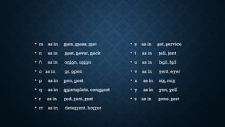 • m as in men, mess, met
• n as in nest, never, neck
• ñ as in onion, union
• o as in or, open
• p as in pen, pest
• q as in quintuplets, conquest
• r as in red, rent, rest
• rr as in deterrent, horror
• s as in set, service
• t as in tell, tent
• u as in bull, full
• v as in vent, ever
• x as in six, mix
• y as in yen, yell
• z as in zone, zest
 