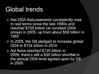 Global trends
 Net ODA disbursements consistently rose
in real terms since the late 1990s and
reached $105 billion (at constant 2004
prices) in 2005, up from about $58 billion in
1997
 In 2005, the G8 pledged to increase global
ODA to $154 billion in 2010
 Aid flows reached $120 billion in
2009, there’s still a $30 billion shortfall in
the annual ODA level agreed upon by G8
in 2005
 
