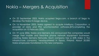 Nokia – Mergers & Acquisition
 On 22 September 2003, Nokia acquired Sega.com, a branch of Sega to
develop the Nokia N-Gage device.
 On 16 November 2005, Nokia agreed to acquire Intellisync Corporation, a
provider of data and PIM synchronization software,[87]completing the
acquisition on 10 February 2006.
 On 19 June 2006, Nokia and Siemens AG announced the companies would
merge their mobile and fixed-line phone network equipment businesses,
creating Nokia Siemens Networks. Each company has a 50% stake in the
infrastructure company, headquartered in Espoo, Finland. About 20,000
Nokia employees transferred to this new company.
 
