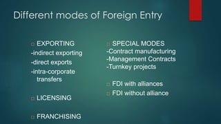 Different modes of Foreign Entry
 EXPORTING
-indirect exporting
-direct exports
-intra-corporate
transfers
 LICENSING
 FRANCHISING
 SPECIAL MODES
-Contract manufacturing
-Management Contracts
-Turnkey projects
 FDI with alliances
 FDI without alliance
 