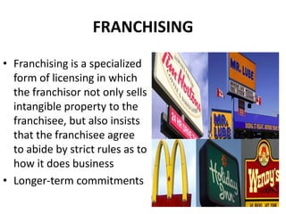 FRANCHISING<br />Franchising is a specialized form of licensing in which the franchisor not only sells intangible property...
