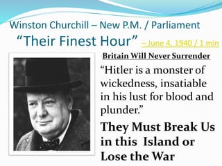Winston Churchill – New P.M. / Parliament
“Their Finest Hour” – June 4, 1940 / 1 min
Britain Will Never Surrender
“Hitler is a monster of
wickedness, insatiable
in his lust for blood and
plunder.”
They Must Break Us
in this Island or
Lose the War
 