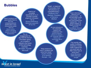 Bubbles "We were attracted by the outstanding research and researchers here."  David M. Bowser, Johnson & Johnson, VP, Corporate Office of Science and Technology March 2006 "It's no exaggeration to say that the kind of innovation going on in Israel is critical to the future of the technology business.  Bill Gates, Founder Microsoft "Israel – a reservoir of innovation that will advance our competitiveness."  ." Professor Eric Reinhart, President of Siemens Medical "What is exciting to me about Israel is that it is the most entrepreneurial and spirited place I have come across outside the U.S."  Simon Levene, Yahoo's managing director of corporate development "Israel is an incredible opportunity for us. It provides a growth engine for innovation for us."  Richard Nottenburg, Motorola's executive VP & CTO “ There is direct Israeli influence on IP communication… All this technology comes out of Israel – but I don’t think people have realized this… If it’s going to happen, it’l happen in Israel first”  Jeff Pulver, PulverMedia, American VoIP industry guru “ Most solutions to most IT problems will come from Israel,” Gordon Graylish,  VP & General Manager,  Intel  "The quantity and quality of software engineers in Israel made it logical that we would open an R&D center here at some point."  David Woodside, EMEA Manager, Google  