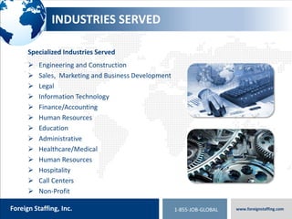 800.774.5986
foreigntranslations.com
Foreign Staffing, Inc. www.foreignstaffing.com1-855-JOB-GLOBAL
SAMPLE PRICING – RETAINED RECRUITING
 Deposit/Retainer of Twenty-Percent (20%) of the total search fee for all positions - due on execution of agreement.
 Project Milestone Fee of Thirty Percent (30%) due when Company presents a minimum of 3 qualified candidate
applications, resumes, detailed questionnaires, references, for each position.
 If COMPANY fails to present a minimum of 3 qualified candidates (for each country within 30 days from the date
Company’s search begins, the client will not be required to make the next milestone payment.
 Final Fifty Percent (50%) Project Success Fee will be due upon hiring of a Company candidate.
 