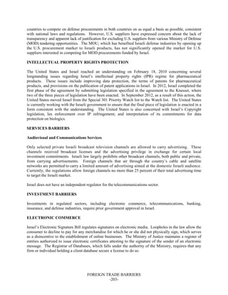 FOREIGN TRADE BARRIERS
-203-
countries to compete on defense procurements in both countries on as equal a basis as possible, consistent
with national laws and regulations. However, U.S. suppliers have expressed concern about the lack of
transparency and apparent lack of justification for excluding U.S. suppliers from various Ministry of Defense
(MOD) tendering opportunities. The MOU, which has benefited Israeli defense industries by opening up
the U.S. procurement market to Israeli products, has not significantly opened the market for U.S.
suppliers interested in competing for MOD procurements funded by Israel.
INTELLECTUAL PROPERTY RIGHTS PROTECTION
The United States and Israel reached an understanding on February 18, 2010 concerning several
longstanding issues regarding Israel’s intellectual property rights (IPR) regime for pharmaceutical
products. These issues include improving data protection, the terms of patents for pharmaceutical
products, and provisions on the publication of patent applications in Israel. In 2012, Israel completed the
first phase of the agreement by submitting legislation specified in the agreement to the Knesset, where
two of the three pieces of legislation have been enacted. In September 2012, as a result of this action, the
United States moved Israel from the Special 301 Priority Watch list to the Watch list. The United States
is currently working with the Israeli government to ensure that the final piece of legislation is enacted in a
form consistent with the understanding. The United States is also concerned with Israel’s Copyright
legislation, lax enforcement over IP infringement, and interpretation of its commitments for data
protection on biologics.
SERVICES BARRIERS
Audiovisual and Communications Services
Only selected private Israeli broadcast television channels are allowed to carry advertising. These
channels received broadcast licenses and the advertising privilege in exchange for certain local
investment commitments. Israeli law largely prohibits other broadcast channels, both public and private,
from carrying advertisements. Foreign channels that air through the country’s cable and satellite
networks are permitted to carry a limited amount of advertising aimed at the domestic Israeli audience.
Currently, the regulations allow foreign channels no more than 25 percent of their total advertising time
to target the Israeli market.
Israel does not have an independent regulator for the telecommunications sector.
INVESTMENT BARRIERS
Investments in regulated sectors, including electronic commerce, telecommunications, banking,
insurance, and defense industries, require prior government approval in Israel.
ELECTRONIC COMMERCE
Israel’s Electronic Signature Bill regulates signatures on electronic media. Loopholes in the law allow the
consumer to decline to pay for any merchandise for which he or she did not physically sign, which serves
as a disincentive to the establishment of online businesses. The Ministry of Justice maintains a register of
entities authorized to issue electronic certificates attesting to the signature of the sender of an electronic
message. The Registrar of Databases, which falls under the authority of the Ministry, requires that any
firm or individual holding a client database secure a license to do so.
 