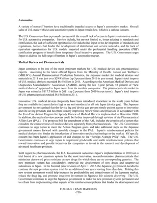 FOREIGN TRADE BARRIERS
-218-
Automotive
A variety of nontariff barriers have traditionally impeded access to Japan’s automotive market. Overall
sales of U.S. made vehicles and automotive parts in Japan remain low, which is a serious concern.
The U.S. Government has expressed concern with the overall lack of access to Japan’s automotive market
for U.S. automotive companies. Barriers include, but are not limited to, issues relating to standards and
certification, the lack of sufficient opportunities for stakeholder input in the development of standards and
regulations, barriers that hinder the development of distribution and service networks, and the lack of
equivalent opportunities for U.S. models imported under the preferential handling procedure (PHP)
certification program to benefit from temporary fiscal incentive programs. The U.S. Government urges
Japan to address the full range of barriers in Japan’s automotive market.
Medical Devices and Pharmaceuticals
Japan continues to be one of the most important markets for U.S. medical device and pharmaceutical
exports. According to the latest official figures from the Ministry of Health, Labour and Welfare’s
(MHLW’s) Annual Pharmaceutical Production Statistics, the Japanese market for medical devices and
materials in 2011 was just over $29.9 billion (up 3 percent from 2010 in yen terms). Japan’s total imports
of U.S. medical devices exceeded $6.4 billion in 2011. According to the American Medical Devices and
Diagnostics Manufacturers’ Association (AMDD), during the last 7-year period, 58 percent of “new
medical devices” approved in Japan were from its member companies. The pharmaceuticals market in
Japan was valued at $117.7 billion in 2011 (up 2 percent from 2010 in yen terms). Japan’s total imports
of U.S. pharmaceuticals totaled $6.5 billion in 2011.
Innovative U.S. medical devices frequently have been introduced elsewhere in the world years before
they are available in Japan (device lag) or are not introduced at all into Japan (device gap). The Japanese
government has recognized that the device lag and device gap prevent timely patient access to innovative
and life-saving products and has been steadily improving review times and processes in accordance with
the Five-Year Action Program for Speedy Review of Medical Devices implemented in December 2008.
In addition, the medical review process could be further improved through revision of the Pharmaceutical
Affairs Law (PAL). The proposed bill for amendment of the PAL includes the creation of a system that
considers the characteristics of medical devices separately from pharmaceuticals. The U.S. Government
continues to urge Japan to meet the Action Program goals and take additional steps as the Japanese
government moves forward with possible changes to the PAL. Japan’s reimbursement policies for
medical devices also hinder the introduction of innovative medical technology to the market. Of specific
concern has been Japan’s application of and changes to the “Foreign Average Price” rule. The U.S.
Government continues to urge Japan to implement predictable and stable reimbursement policies that
reward innovation and provide incentives for companies to invest in the research and development of
advanced healthcare products.
With regard to pharmaceuticals, the U.S. Government welcomes Japan’s implementation in 2010 (on a
trial basis) of a new premium system for the most innovative, research-intensive pharmaceuticals that
minimizes downward price revisions on new drugs for which there are no corresponding generics. The
new premium system has considerably improved the development of new drugs and unapproved
indications in Japan. In the biennial price revision of April 1, 2012, the Japanese government decided to
continue the new premium system trial for an additional two years starting from that date. Making this
new system permanent would help increase the predictability and attractiveness of the Japanese market,
reduce the drug lag, and promote long-term investment in Japanese life sciences discovery. The U.S.
Government continues to urge the Japanese government to make the new premium system permanent and
to refrain from implementing other aspects of its reimbursement policies that hinder the development and
 