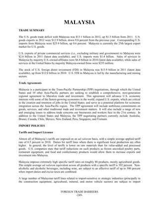 FOREIGN TRADE BARRIERS
-249-
MALAYSIA
TRADE SUMMARY
The U.S. goods trade deficit with Malaysia was $13.1 billion in 2012, up $1.5 billion from 2011. U.S.
goods exports in 2012 were $12.9 billion, down 9.8 percent from the previous year. Corresponding U.S.
imports from Malaysia were $25.9 billion, up 0.6 percent. Malaysia is currently the 25th largest export
market for U.S. goods.
U.S. exports of private commercial services (i.e., excluding military and government) to Malaysia were
$2.6 billion in 2011 (latest data available), and U.S. imports were $1.4 billion. Sales of services in
Malaysia by majority U.S.-owned affiliates were $6.8 billion in 2010 (latest data available), while sales of
services in the United States by majority Malaysia-owned firms were $255 million.
The stock of U.S. foreign direct investment (FDI) in Malaysia was $13.9 billion in 2011 (latest data
available), up from $12.0 billion in 2010. U.S. FDI in Malaysia is led by the manufacturing and mining
sectors.
Trade Agreements
Malaysia is a participant in the Trans-Pacific Partnership (TPP) negotiations, through which the United
States and 10 other Asia-Pacific partners are seeking to establish a comprehensive, next-generation
regional agreement to liberalize trade and investment. This agreement will advance U.S. economic
interests with some of the fastest-growing economies in the world; expand U.S. exports, which are critical
to the creation and retention of jobs in the United States; and serve as a potential platform for economic
integration across the Asia-Pacific region. The TPP agreement will include ambitious commitments on
goods, services, and other traditional trade and investment matters. It will also include a range of new
and emerging issues to address trade concerns our businesses and workers face in the 21st century. In
addition to the United States and Malaysia, the TPP negotiating partners currently include Australia,
Brunei, Canada, Chile, Mexico, New Zealand, Peru, Singapore, and Vietnam.
IMPORT POLICIES
Tariffs and Import Licenses
Almost all of Malaysia’s tariffs are imposed on an ad valorem basis, with a simple average applied tariff
rate of 6.5 percent in 2010. Duties for tariff lines where there is significant local production are often
higher. In general, the level of tariffs is lower on raw materials than for value-added and processed
goods. U.S. companies state that tariff reductions on such products as frozen uncooked poultry parts,
restaurant equipment, and food and confectionary products would allow them to increase exports and
investment into Malaysia.
Malaysia imposes extremely high specific tariff rates on roughly 80 products, mostly agricultural goods.
The simple average ad valorem equivalent across all products with a specific tariff is 392 percent. Non-
alcoholic and alcoholic beverages, including wine, are subject to an effective tariff of up to 500 percent
when import duties and excise taxes are combined.
A large number of Malaysian tariff lines related to import-sensitive or strategic industries (principally in
the construction equipment, agricultural, mineral, and motor vehicle sectors) are subject to import
 