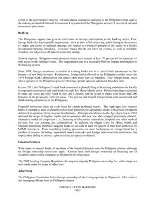 FOREIGN TRADE BARRIERS
-305-
extent of the government’s interest. All reinsurance companies operating in the Philippines must cede to
the industry-controlled National Reinsurance Corporation of the Philippines at least 10 percent of outward
reinsurance placements.
Banking
The Philippines applies two general restrictions on foreign participation in the banking sector. First,
foreign banks that meet specific requirements, such as diversified ownership, public listing in the country
of origin, and global or national rankings, are limited to owning 60 percent of the equity in a locally
incorporated banking subsidiary. However, banks that do not meet the criteria, as well as non-bank
investors, are subject to a 40 percent ownership ceiling.
Second, majority Philippine-owned domestic banks must control at least 70 percent of the resources or
total assets in the banking system. This requirement acts as a secondary limit on foreign participation in
the banking system.
Since 1999, foreign investment is limited to existing banks due to a central bank moratorium on the
issuance of new bank licenses. Furthermore, foreign banks allowed in the Philippines market under the
1994 Foreign Bank Liberalization Act cannot open more than six branches. Four foreign banks, those
which operated in the Philippines prior to 1948 may operate up to six additional branches each.
In June 2011, the Philippine Central Bank announced a phased lifting of branching restrictions for locally
incorporated commercial and thrift banks in eight key Metro Manila cities. Before branching restrictions
in these key cities are fully lifted in July 2014, priority will be given to banks with fewer than 200
branches in the previously restricted areas. This process will benefit foreign banks with commercial and
thrift banking subsidiaries in the Philippines.
Financial institutions must set aside loans for certain preferred sectors. The Agri-Agra Law requires
banks to earmark at least 25 percent of their loan portfolios for agricultural credit, with at least 10 percent
dedicated to agrarian reform program beneficiaries. Although amendments to the Agri-Agra Law in 2010
widened the scope of eligible credits and investments, the new law also scrapped previously allowed,
alternative modes of compliance (i.e., financing of educational institutions, hospitals and other medical
services, low cost housing, and cooperatives). In addition, the Magna Carta for Micro, Small, and
Medium Enterprises (MSMEs) requires banks to set aside at least 10 percent of their loan portfolios for
MSME borrowers. These mandatory lending provisions are more burdensome on foreign banks for a
number of reasons, including constrained branch networks and foreign land ownership restrictions that
impede their ability to enforce rights over land accepted as collateral.
Financial Services
With respect to mutual funds, all members of the board of directors must be Philippine citizens, although
no foreign ownership restrictions apply. Current laws limit foreign ownership of financing and of
securities underwriting companies to 60 percent of voting stock.
The 2007 Lending Company Regulation Act requires majority Philippine ownership for credit enterprises
not clearly under the scope of other laws.
Advertising
The Philippine Constitution limits foreign ownership of advertising agencies to 30 percent. All executive
and managing officers must be Philippine citizens.
 