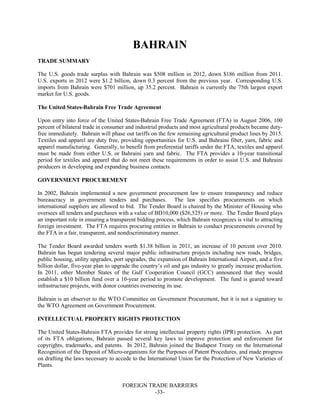 FOREIGN TRADE BARRIERS
-33-
BAHRAIN
TRADE SUMMARY
The U.S. goods trade surplus with Bahrain was $508 million in 2012, down $186 million from 2011.
U.S. exports in 2012 were $1.2 billion, down 0.3 percent from the previous year. Corresponding U.S.
imports from Bahrain were $701 million, up 35.2 percent. Bahrain is currently the 75th largest export
market for U.S. goods.
The United States-Bahrain Free Trade Agreement
Upon entry into force of the United States-Bahrain Free Trade Agreement (FTA) in August 2006, 100
percent of bilateral trade in consumer and industrial products and most agricultural products became duty-
free immediately. Bahrain will phase out tariffs on the few remaining agricultural product lines by 2015.
Textiles and apparel are duty free, providing opportunities for U.S. and Bahraini fiber, yarn, fabric and
apparel manufacturing. Generally, to benefit from preferential tariffs under the FTA, textiles and apparel
must be made from either U.S. or Bahraini yarn and fabric. The FTA provides a 10-year transitional
period for textiles and apparel that do not meet these requirements in order to assist U.S. and Bahraini
producers in developing and expanding business contacts.
GOVERNMENT PROCUREMENT
In 2002, Bahrain implemented a new government procurement law to ensure transparency and reduce
bureaucracy in government tenders and purchases. The law specifies procurements on which
international suppliers are allowed to bid. The Tender Board is chaired by the Minister of Housing who
oversees all tenders and purchases with a value of BD10,000 ($26,525) or more. The Tender Board plays
an important role in ensuring a transparent bidding process, which Bahrain recognizes is vital to attracting
foreign investment. The FTA requires procuring entities in Bahrain to conduct procurements covered by
the FTA in a fair, transparent, and nondiscriminatory manner.
The Tender Board awarded tenders worth $1.38 billion in 2011, an increase of 10 percent over 2010.
Bahrain has begun tendering several major public infrastructure projects including new roads, bridges,
public housing, utility upgrades, port upgrades, the expansion of Bahrain International Airport, and a five
billion dollar, five-year plan to upgrade the country’s oil and gas industry to greatly increase production.
In 2011, other Member States of the Gulf Cooperation Council (GCC) announced that they would
establish a $10 billion fund over a 10-year period to promote development. The fund is geared toward
infrastructure projects, with donor countries overseeing its use.
Bahrain is an observer to the WTO Committee on Government Procurement, but it is not a signatory to
the WTO Agreement on Government Procurement.
INTELLECTUAL PROPERTY RIGHTS PROTECTION
The United States-Bahrain FTA provides for strong intellectual property rights (IPR) protection. As part
of its FTA obligations, Bahrain passed several key laws to improve protection and enforcement for
copyrights, trademarks, and patents. In 2012, Bahrain joined the Budapest Treaty on the International
Recognition of the Deposit of Micro-organisms for the Purposes of Patent Procedures, and made progress
on drafting the laws necessary to accede to the International Union for the Protection of New Varieties of
Plants.
 