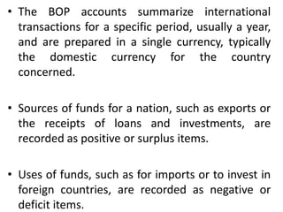 • The BOP accounts summarize international
transactions for a specific period, usually a year,
and are prepared in a single currency, typically
the domestic currency for the country
concerned.
• Sources of funds for a nation, such as exports or
the receipts of loans and investments, are
recorded as positive or surplus items.
• Uses of funds, such as for imports or to invest in
foreign countries, are recorded as negative or
deficit items.
 