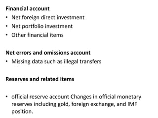 Financial account
• Net foreign direct investment
• Net portfolio investment
• Other financial items
Net errors and omissions account
• Missing data such as illegal transfers
Reserves and related items
• official reserve account Changes in official monetary
reserves including gold, foreign exchange, and IMF
position.
 