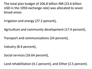 The total plan budget of 206.8 billion INR (23.6 billion
USD in the 1950 exchange rate) was allocated to seven
broad areas:
Irrigation and energy (27.2 percent),
Agriculture and community development (17.4 percent),
Transport and communications (24 percent),
Industry (8.4 percent),
Social services (16.64 percent),
Land rehabilitation (4.1 percent), and Other (2.5 percent).
 
