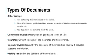 Types Of Documents
•Bill of Lading :
1. It is a shipping document issued by the carrier.
2. Clean BOL assumes goods have been received by carrier in good condition and they need
not check it.
3. Foul BOL allows the carrier to check the goods.
•Commercial Invoice: Description of goods and terms of sale.
•Insurance: Gives the details of the insurance and risk covered.
•Consular invoice: Issued by the consulate of the importing country & provides
customs information.
•Packing list: Shows the contents of the container.
 
