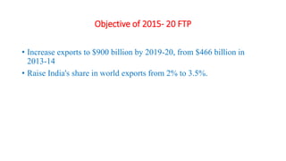 Objective of 2015- 20 FTP
• Increase exports to $900 billion by 2019-20, from $466 billion in
2013-14
• Raise India's share in world exports from 2% to 3.5%.
 