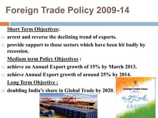 Foreign Trade Policy 2009-14 
Short Term Objectives: 
 arrest and reverse the declining trend of exports. 
 provide support to those sectors which have been hit badly by 
recession. 
Medium term Policy Objectives : 
 achieve an Annual Export growth of 15% by March 2013. 
 achieve Annual Export growth of around 25% by 2014. 
Long Term Objective : 
 doubling India’s share in Global Trade by 2020. 
 