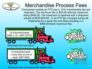 Merchandise Process Fees
              Companies outside an FTZ pay a .21% merchandise fee per
               shipment. The minimum fee is $25.00 with the maximum
               being $485.00. The maximum is reached with a shipment
               valued at $230,952.00. In an FTZ the company lumps all
                   shipments for a week into one filing resulting in a
                            $485.00/week maximum fee.


  15 shipments/week
$485 x 15 = MPF $7275



Shipments into commerce

  15 shipments/week
  1 entry filed at end of
    week. MPF $485



Shipments into commerce with weekly entry
 