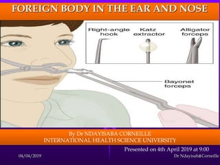 Presented on 4th April 2019 at 9:00
FOREIGN BODY IN THE EAR AND NOSE
By Dr NDAYISABA CORNEILLE
INTERNATIONAL HEALTH SCIENCE UNIVERSITY
04/04/2019 Dr Ndayisaba Corneille1
 