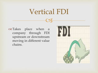 Vertical FDI 
 
 Takes place when a 
company through FDI 
upstream or downstream 
moving in different value 
chains. 
 