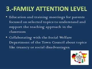 • Education and training meetings for parents
focused on selected topics to understand and
support the teaching approach in the
classroom
• Collaborating with the Social Welfare
Department of the Town Council about topics
like truancy or social disadvantages.
 