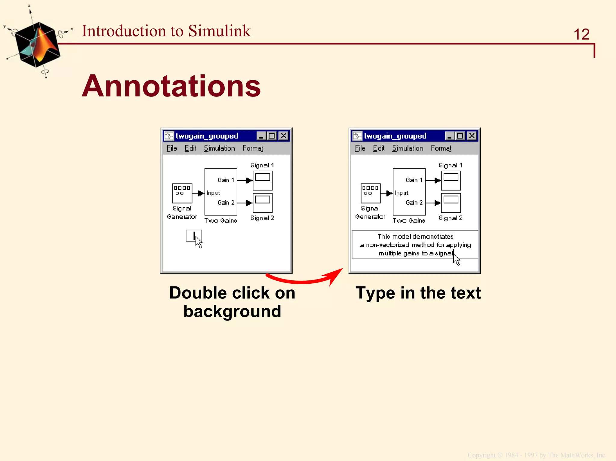 Copyright  1984 - 1997 by The MathWorks, Inc.
12Introduction to Simulink
Annotations
Double click on
background
Type in the text
 