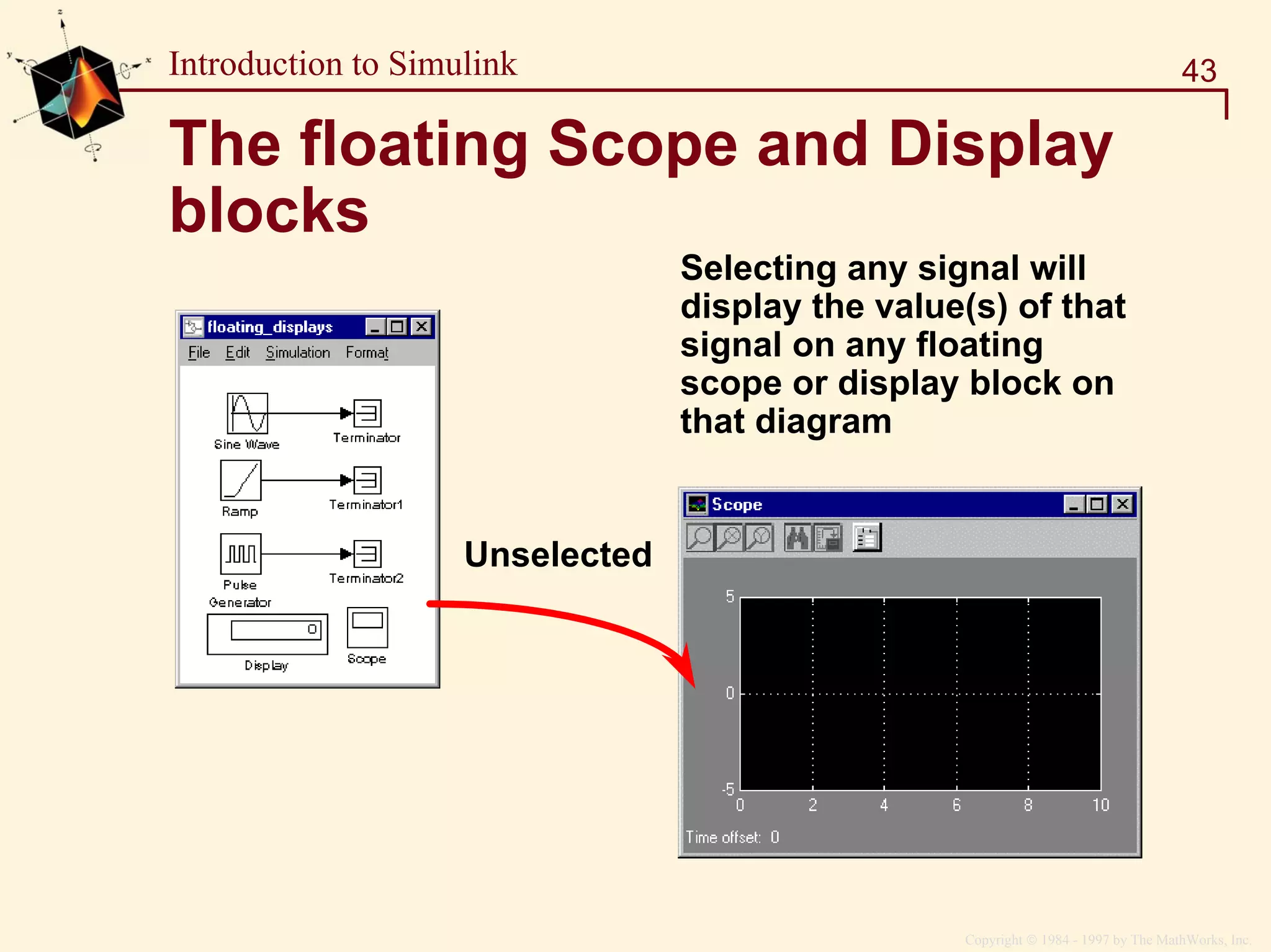 Copyright  1984 - 1997 by The MathWorks, Inc.
43Introduction to Simulink
The floating Scope and Display
blocks
Selecting any signal will
display the value(s) of that
signal on any floating
scope or display block on
that diagram
Unselected
 