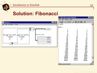Copyright  1984 - 1997 by The MathWorks, Inc.
33Introduction to Simulink
Solution: Fibonacci
 