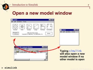 Copyright  1984 - 1997 by The MathWorks, Inc.
7Introduction to Simulink
Open a new model window
Typing simulink
will also open a new
model window if no
other model is open
» simulink
 