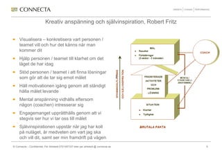 Kreativ anspänning och självinspiration, Robert Fritz


     Visualisera – konkretisera vart personen /
     teamet vill och hur det känns när man
     kommer dit
     Hjälp personen / teamet till klarhet om det
     läget de har idag
     Stöd personen / teamet i att finna lösningar
     som gör att de tar sig emot målet
     Håll motivationen igång genom att ständigt
     hålla målet levande
     Mental anspänning vidhålls eftersom
     någon (coachen) intresserar sig
     Engagemanget upprätthålls genom att vi
     stegvis ser hur vi tar oss till målet
     Självinspirationen uppstår när jag har koll
     på nuläget, är medveten om vart jag ska
     och vill dit, samt ser min framdrift på vägen
© Connecta – Confidential, Per Ahlstedt 0701497337 eller per.ahlstedt @ connecta.se   5
 
