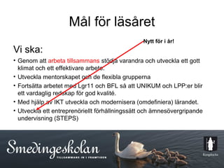 Mål för läsåret
                                                Nytt för i år!
Vi ska:
• Genom att arbeta tillsammans stödja varandra och utveckla ett gott
  klimat och ett effektivare arbete.
• Utveckla mentorskapet och de flexibla grupperna
• Fortsätta arbetet med Lgr11 och BFL så att UNIKUM och LPP:er blir
  ett vardaglig redskap för god kvalité.
• Med hjälp av IKT utveckla och modernisera (omdefiniera) lärandet.
• Utveckla ett entreprenöriellt förhållningssätt och ämnesövergripande
  undervisning (STEPS)




                                    13
 