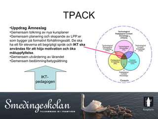 TPACK
•Uppdrag Ämneslag
•Gemensam tolkning av nya kursplaner
•Gemensam planering och skapande av LPP:er
som bygger på formativt förhållningssätt. De ska
ha ett för eleverna ett begripligt språk och IKT ska
användas för att höja motivation och öka
måluppfyllelse.
•Gemensam utvärdering av lärandet
•Gemensam bedömning/betygsättning



                    IKT-
                 pedagogen




                                                21
 
