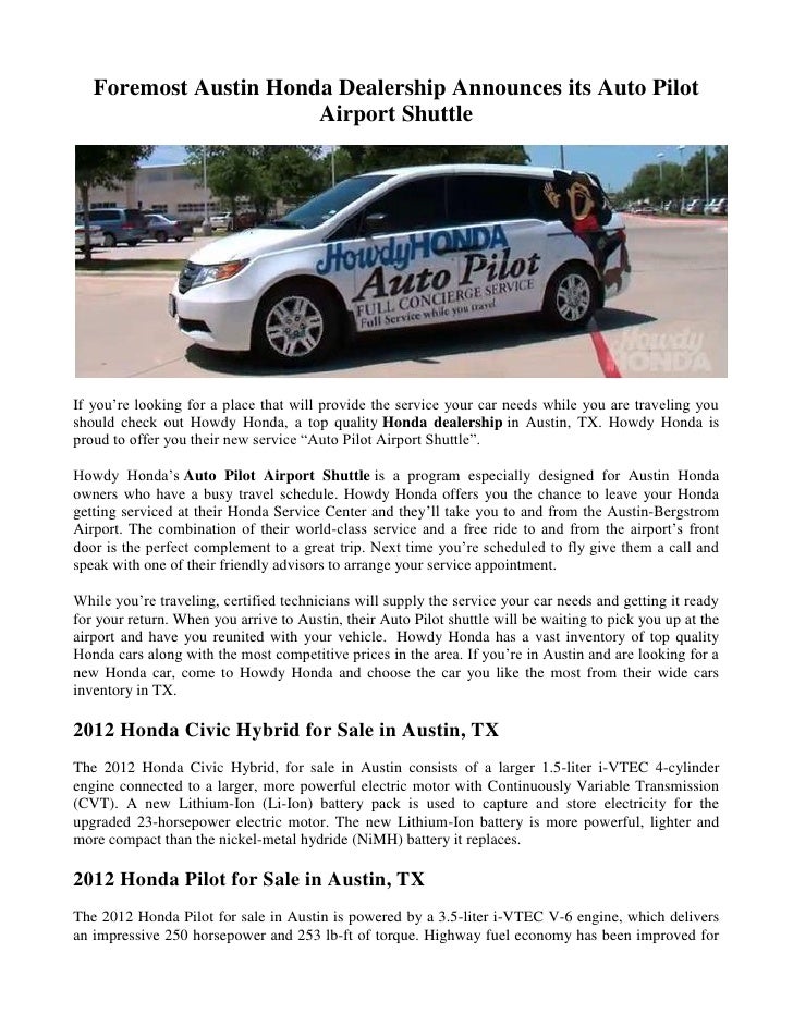 Foremost Austin Honda Dealership Announces Its Auto Pilot Airport Shu