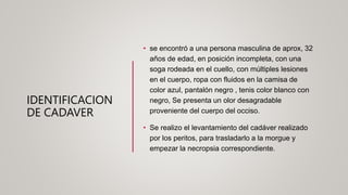 IDENTIFICACION
DE CADAVER
• se encontró a una persona masculina de aprox, 32
años de edad, en posición incompleta, con una
soga rodeada en el cuello, con múltiples lesiones
en el cuerpo, ropa con fluidos en la camisa de
color azul, pantalón negro , tenis color blanco con
negro, Se presenta un olor desagradable
proveniente del cuerpo del occiso.
• Se realizo el levantamiento del cadáver realizado
por los peritos, para trasladarlo a la morgue y
empezar la necropsia correspondiente.
 