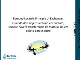 Edmund Locard’s Principle of Exchange:  Quando dois objetos entram em contato, sempre haverá transferência de material de um objeto para o outro PRINCÍPIO DA TROCA DE LOCARD 