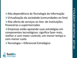 CENÁRIO MUNDIAL ATUAL Alta dependência da Tecnologia da Informação  Virtualização da sociedade (comunidades on line) Alta oferta de serviços on line: de instituições financeiras a supermercados Empresas estão apoiando suas estratégias em componentes tecnológicos: significa fazer mais, melhor e com maior controle, em menor tempo e com menor custo Tecnologia = Diferencial Estratégico 