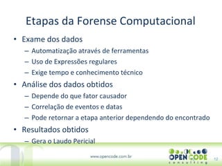 Etapas da Forense Computacional Exame dos dados Automatização através de ferramentas Uso de Expressões regulares Exige tempo e conhecimento técnico Análise dos dados obtidos Depende do que fator causador Correlação de eventos e datas Pode retornar a etapa anterior dependendo do encontrado Resultados obtidos Gera o Laudo Pericial 12 