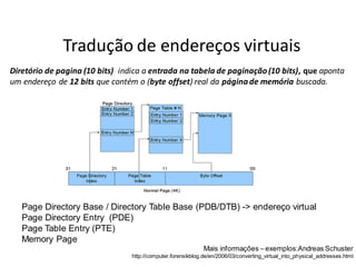 Tradução de endereços virtuais
Diretório de pagina (10 bits) indica a entrada na tabela de paginação (10 bits), que aponta
um endereço de 12 bits que contém o (byte offset) real da página de memória buscada.




   Page Directory Base / Directory Table Base (PDB/DTB) -> endereço virtual
   Page Directory Entry (PDE)
   Page Table Entry (PTE)
   Memory Page
                                                              Mais informações – exemplos:Andreas Schuster
                                 http://computer.forensikblog.de/en/2006/03/converting_virtual_into_physical_addresses.html
 