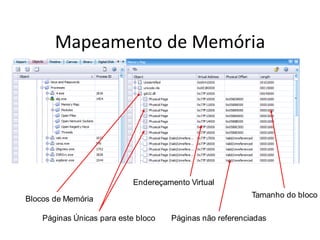 Mapeamento de Memória




                            Endereçamento Virtual

Blocos de Memória                                         Tamanho do bloco

    Páginas Únicas para este bloco   Páginas não referenciadas
 