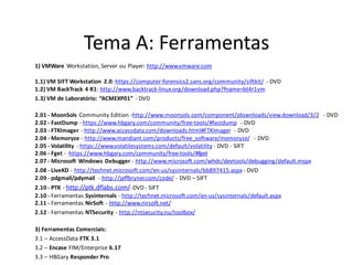 Tema A: Ferramentas
1) VMWare Workstation, Server ou Player: http://www.vmware.com

1.1) VM SIFT Workstation 2.0: https://computer-forensics2.sans.org/community/siftkit/ - DVD
1.2) VM BackTrack 4 R1: http://www.backtrack-linux.org/download.php?fname=bt4r1vm
1.3) VM de Laboratório: “ACMEXP01” - DVD

2.01 - MoonSols Community Edition -http://www.moonsols.com/component/jdownloads/view.download/3/2 - DVD
2.02 - FastDump - https://www.hbgary.com/community/free-tools/#fastdump - DVD
2.03 - FTKImager - http://www.accessdata.com/downloads.html#FTKImager - DVD
2.04 - Memoryze - http://www.mandiant.com/products/free_software/memoryze/ - DVD
2.05 - Volatility - https://www.volatilesystems.com/default/volatility - DVD - SIFT
2.06 - Fget - https://www.hbgary.com/community/free-tools/#fget
2.07 - Microsoft Windows Debugger - http://www.microsoft.com/whdc/devtools/debugging/default.mspx
2.08 - LiveKD - http://technet.microsoft.com/en-us/sysinternals/bb897415.aspx - DVD
2.09 - pdgmail/pdymail - http://jeffbryner.com/code/ - DVD – SIFT
2.10 - PTK - http://ptk.dflabs.com/- DVD - SIFT
2.10 - Ferramentas Sysinternals - http://technet.microsoft.com/en-us/sysinternals/default.aspx
2.11 - Ferramentas NirSoft - http://www.nirsoft.net/
2.12 - Ferramentas NTSecurity - http://ntsecurity.nu/toolbox/

3) Ferramentas Comerciais:
3.1 – AccessData FTK 3.1
3.2 – Encase FIM/Enterprise 6.17
3.3 – HBGary Responder Pro
 
