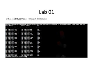 Lab 01
python volatility connscan –f <imagem-de-memoria>
 